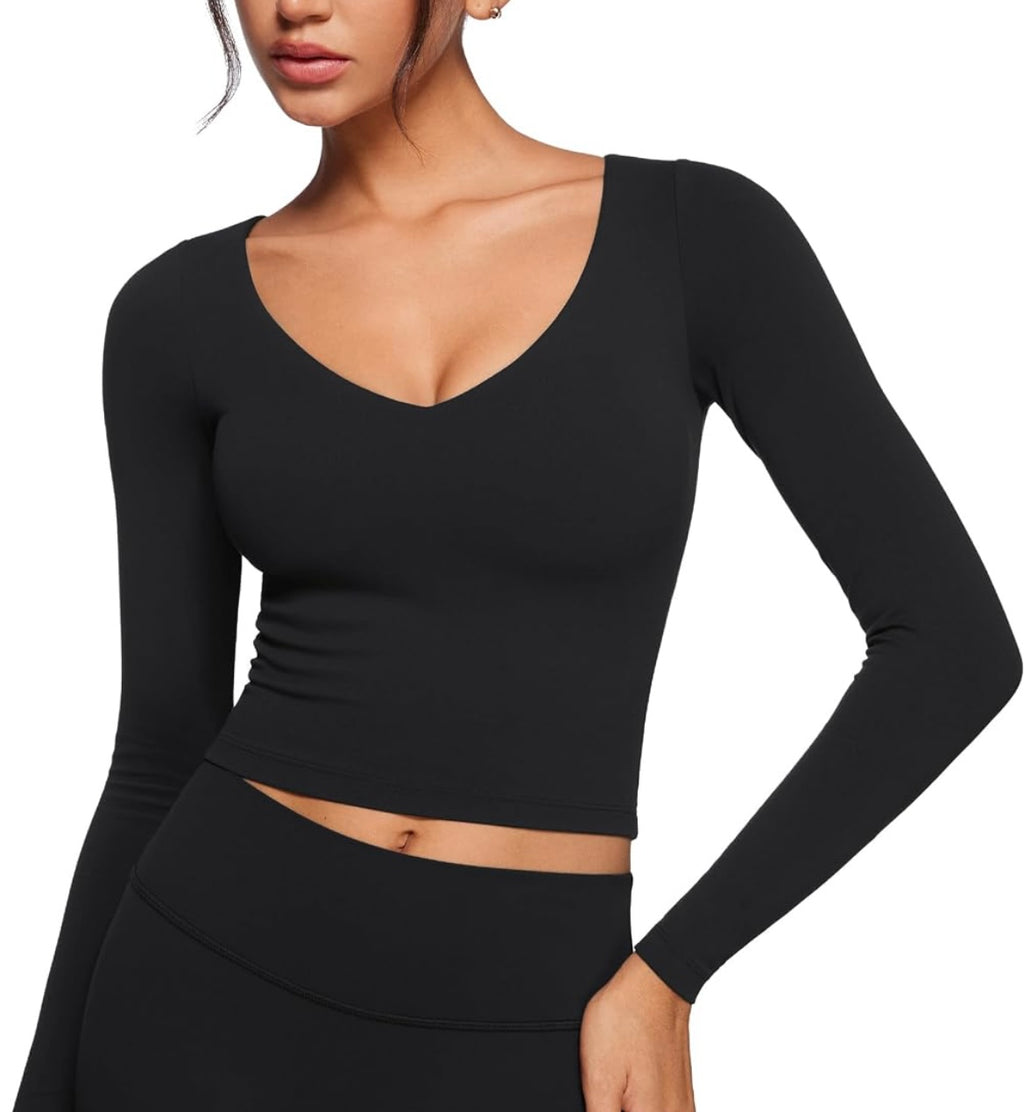 INGIA Womens V-Neck Long Sleeve Tops Padded
Slim Fit, Athletic Shirts, Casual, Yoga, Gym, Workout