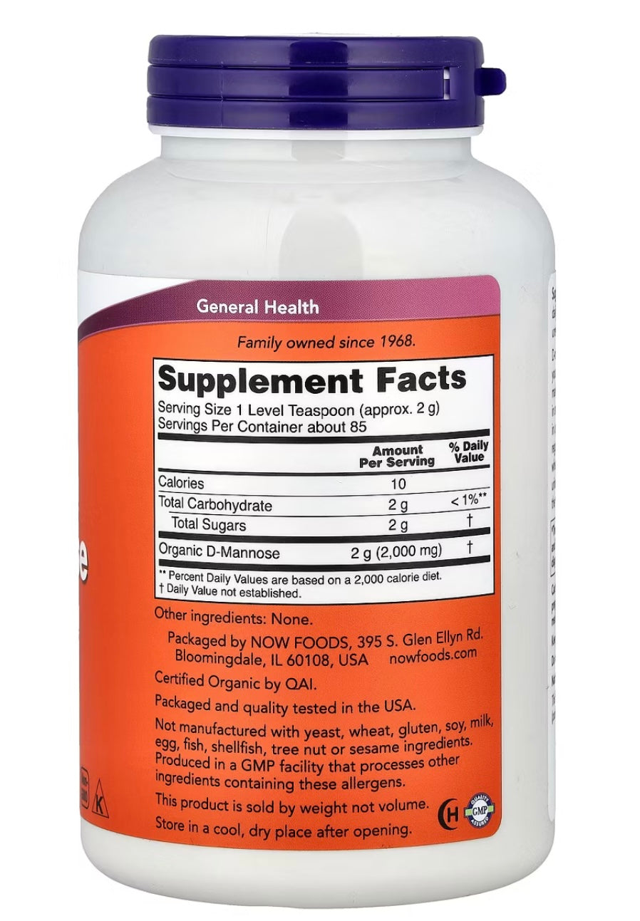 NOW Foods Certified Organic D-Mannose Pure Powder, 6 oz (170 g. Best by 04/20/2028.