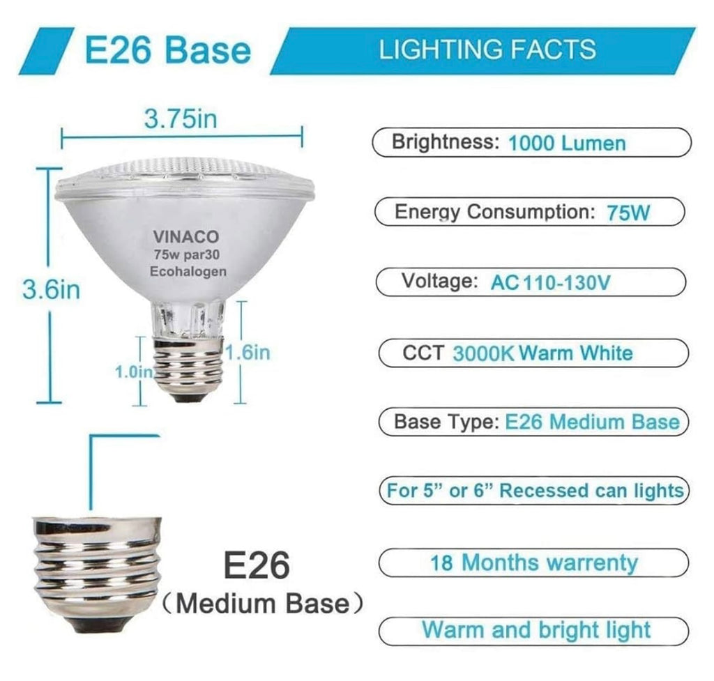 Vinaco Par30 Short Neck, 6pcs PAR30 75W 120V Light Bulbs, Dimmable. Premium Quality for Long Lasting Life, E26 Base, 3000K Warm White, par30 Flood Light Great for Accent Lighting, Tracking Lighting
