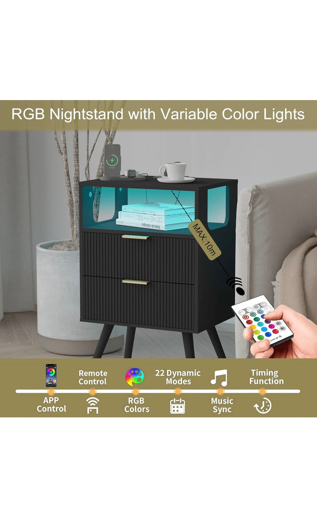 Black nightstand with charging station and led lights