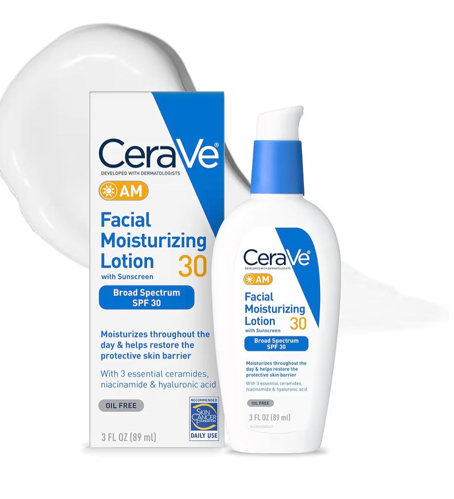 CeraVe AM Facial Moisturizing Lotion with SPF 30, Oil-Free Face Moisturizer with SPF, Formulated with Hyaluronic Acid, Niacinamide & Ceramides, Non-Comedogenic, Broad Spectrum Sunscreen, 3 Ounce