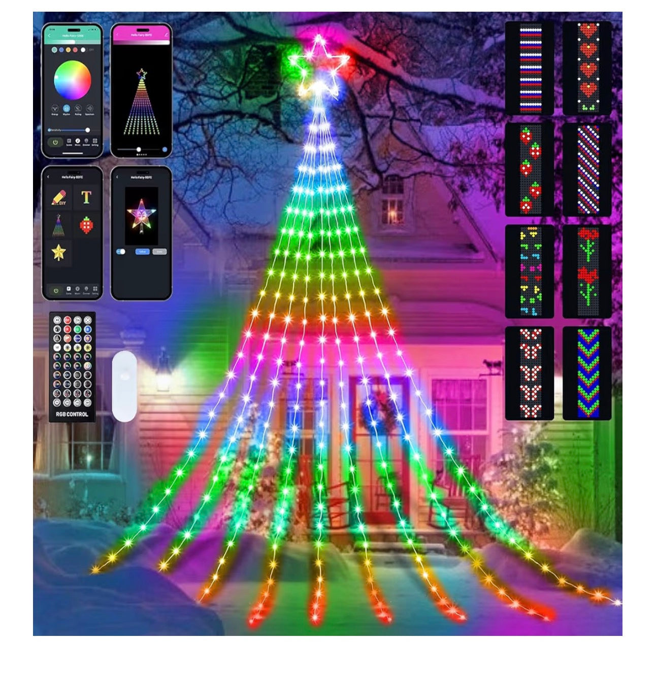 Outdoor Christmas Star String Lights, Smart RGB Waterfall Tree String Light with APP Remote Control, DIY Modes Dimmable Timer Music Sync Shooting Star Fairy Lights for Indoor Outdoor Garden Decoration
