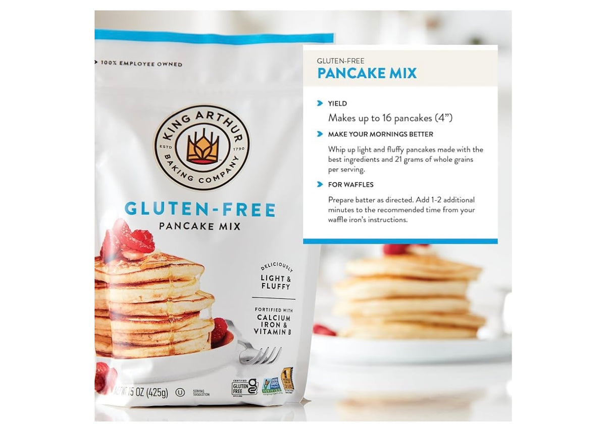 King Arthur Gluten Free Classic Pancake Mix: Fluffy, Delicious Breakfast Delight - Non-GMO, Kosher Certified, 15 oz (Pack of 6) - Makes Perfect Pancakes and Waffles with 21g Whole Grains per Serving. Best by 05/20/2027.