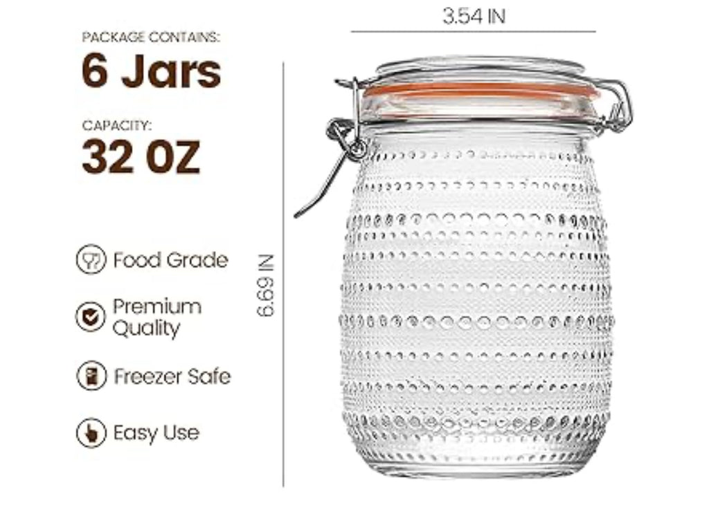 Wacoi 32oz glass mason jars with airtight lids.