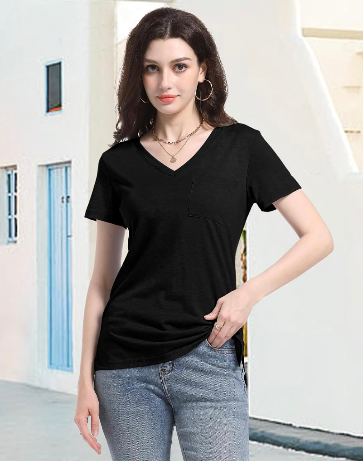 Womens Short Sleeve V Neck T Shirts Basic Pocketed Tee Summer Tops