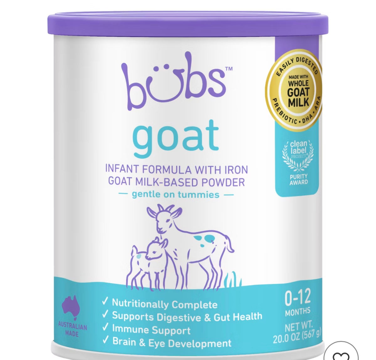 Bubs Easy Digest Goat Milk Infant Formula Powder (Babies 0-12 Months) - 20oz. Best by May 2027.