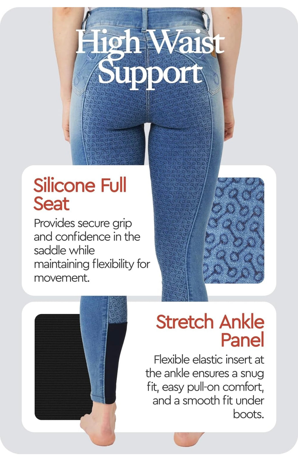 HORZE Kaia Full Seat Silicone Grip Denim Breeches - High Waist Riding Pants