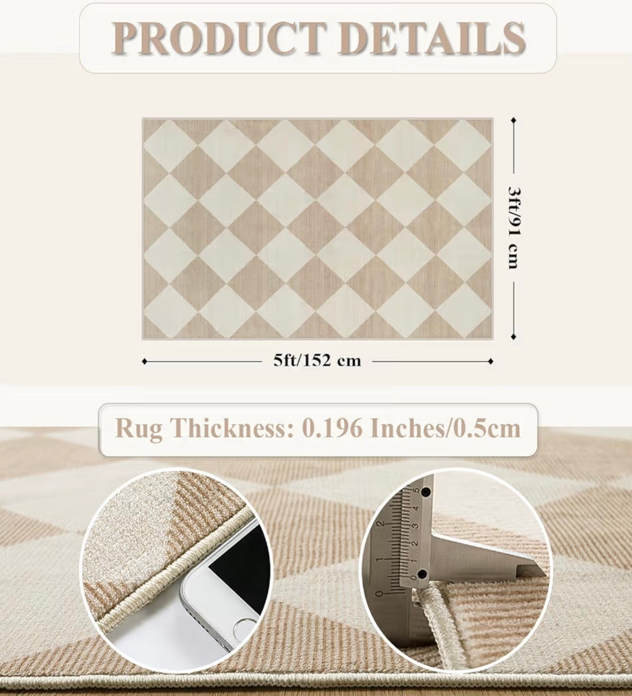 Checkered Print 3x5 Washable Area Rug for Bedroom, Non Slip Ultra Thin Beige Entryway Rug Non Shedding Kitchen Rug 3x5, Modern Checkerboard Carpet Plaid Decor for Bathroom Office Nursery