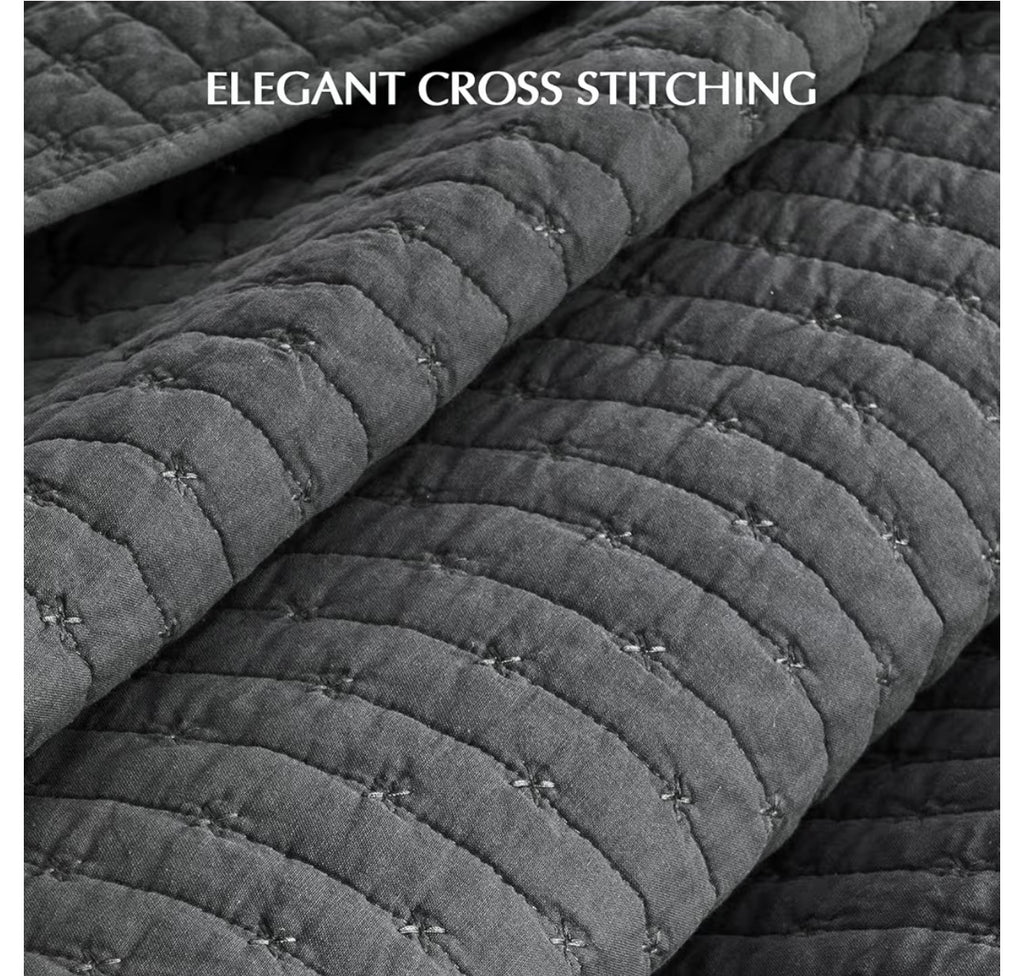 EVERGRACE Cross Stitch Pre-Washed Cotton Quilt Bedding Set King Size, Oversized 3 Pieces Lightweight Bedspread Coverlet for All Season, with 2 Matching Shams, Light Charcoal, 108"x96"