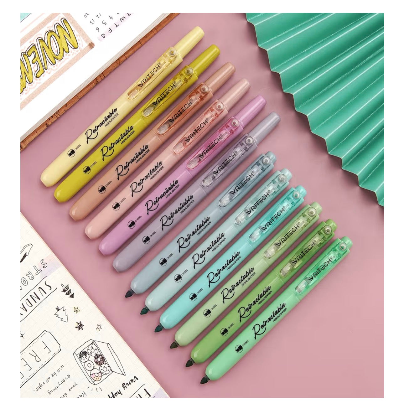 WRITECH Retractable Highlighters Assorted Colors: Chisel Tip Click Aesthetic Highlighter Marker Pens Pack Multi Colored Ink No Bleed Smear for Highlighting Journaling (12ct Neutral)