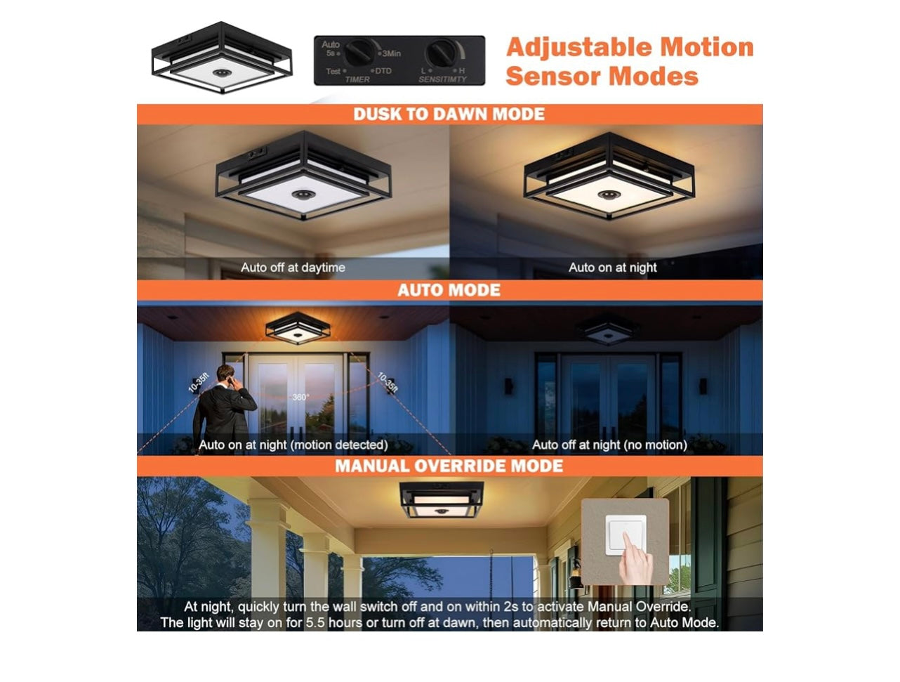 Outdoor Motion Sensor LED Ceiling Light Fixture.