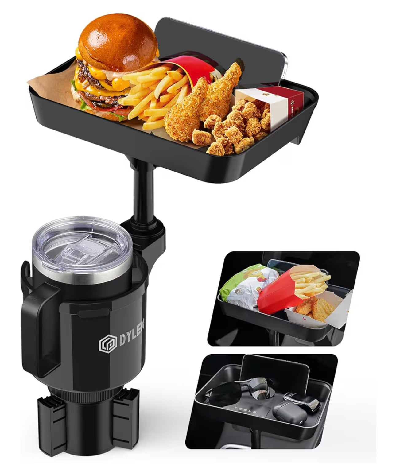 DYLEN Car Cup Holder Tray, Cup Holder Expander Adapter for Car, 9.5” Detachable Car Food Tray Table for Eating, Road Trip Essentials Fits Yeti, Hydro Flask 16-46 oz