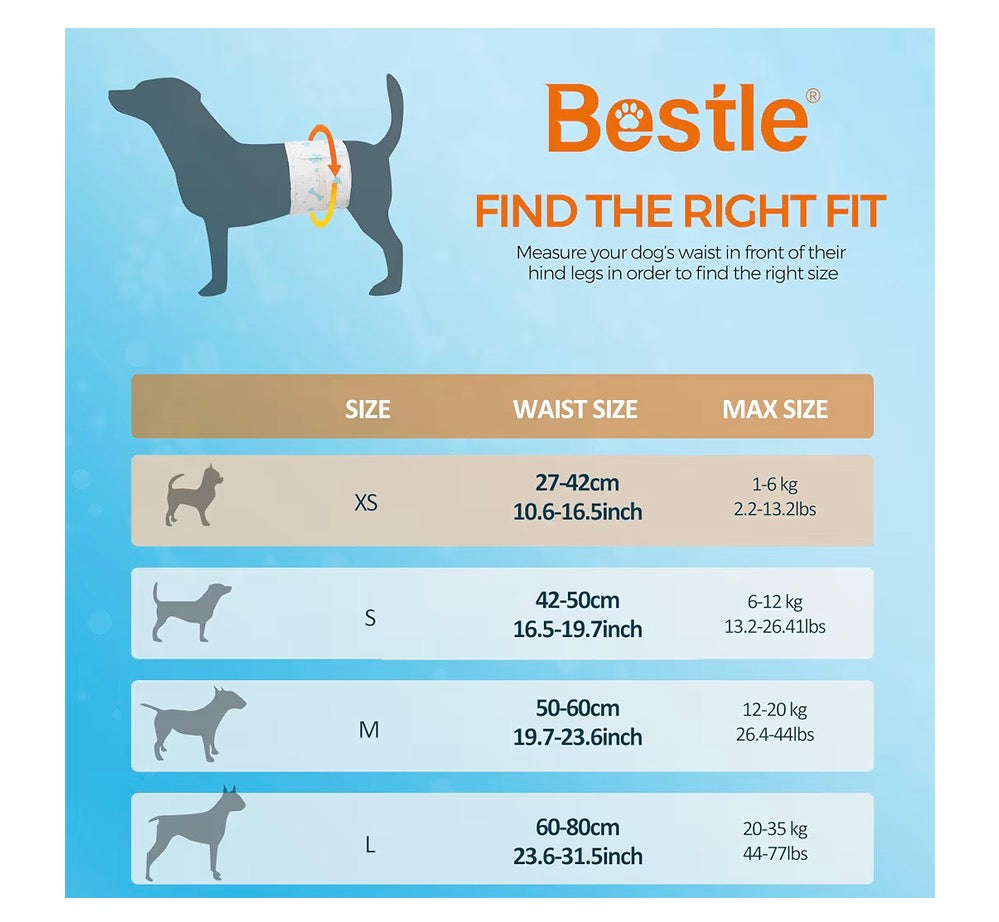 Bestle Male Dog Wrap, Disposable Dog Diapers, 40 Count, XS (Waist 10.6”-16.6”), Wetness Indicator, Ultra Protection, Leak Proof, Super Absorbent, Soft