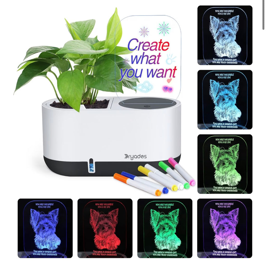 Self-Watering Plant Pot with LED Note Board & 7 Colors Pen, Led Acrylic Message Board with Plant Pot,Dog Board Night Light with Planting Pot