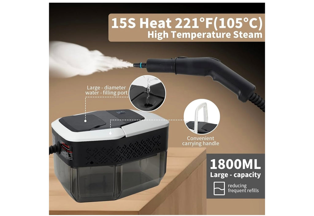 2500W Handheld Steam Cleaner for Home, 15s Fast Heating High Pressure Steam for Cleaning, 1800ML Large Capacity Tank, Portable Steam Cleaner for Upholstery, Grout, Grime, Grease, Bed Bugs, Car (white)