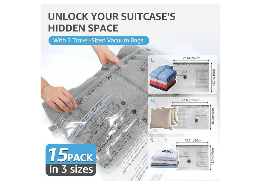 15pack Vacuum Bags For Travel With Rechargeable Pump.