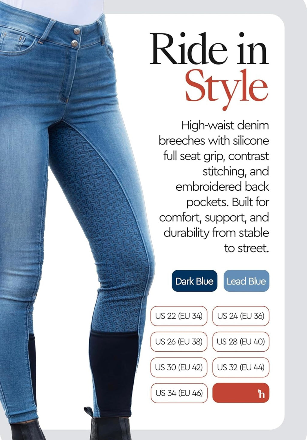 HORZE Kaia Full Seat Silicone Grip Denim Breeches - High Waist Riding Pants