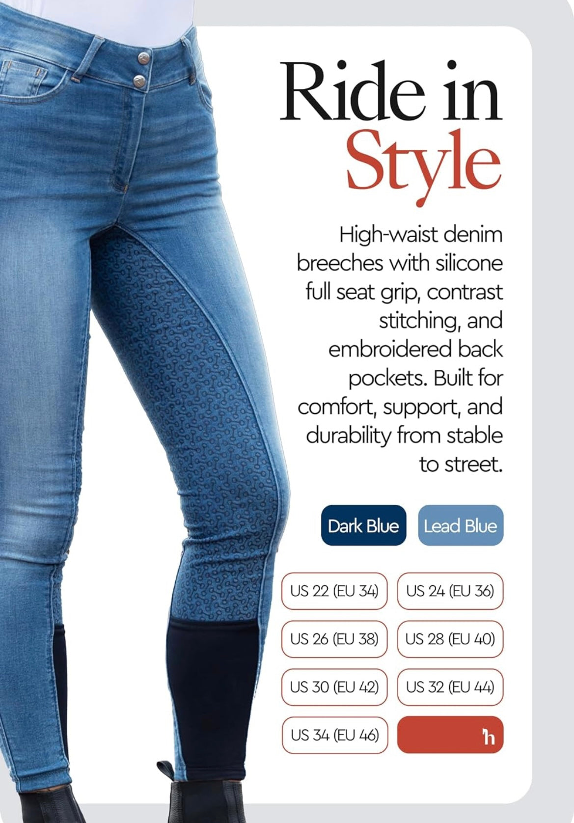 HORZE Kaia Full Seat Silicone Grip Denim Breeches - High Waist Riding Pants
