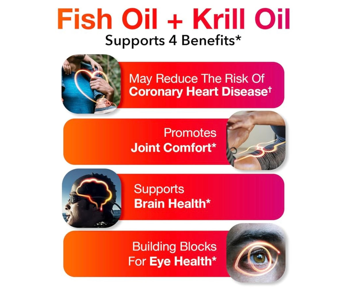 MegaRed Omega 3 Fish Oil & Antarctic Krill Oil Softgels for Brain, Heart, Joints & Eye Support, (80 Count Bottle), Concentrated Omega 3 Fatty Acid Supplement with EPA, DHA, Phospholipids. Exp 06/2027.