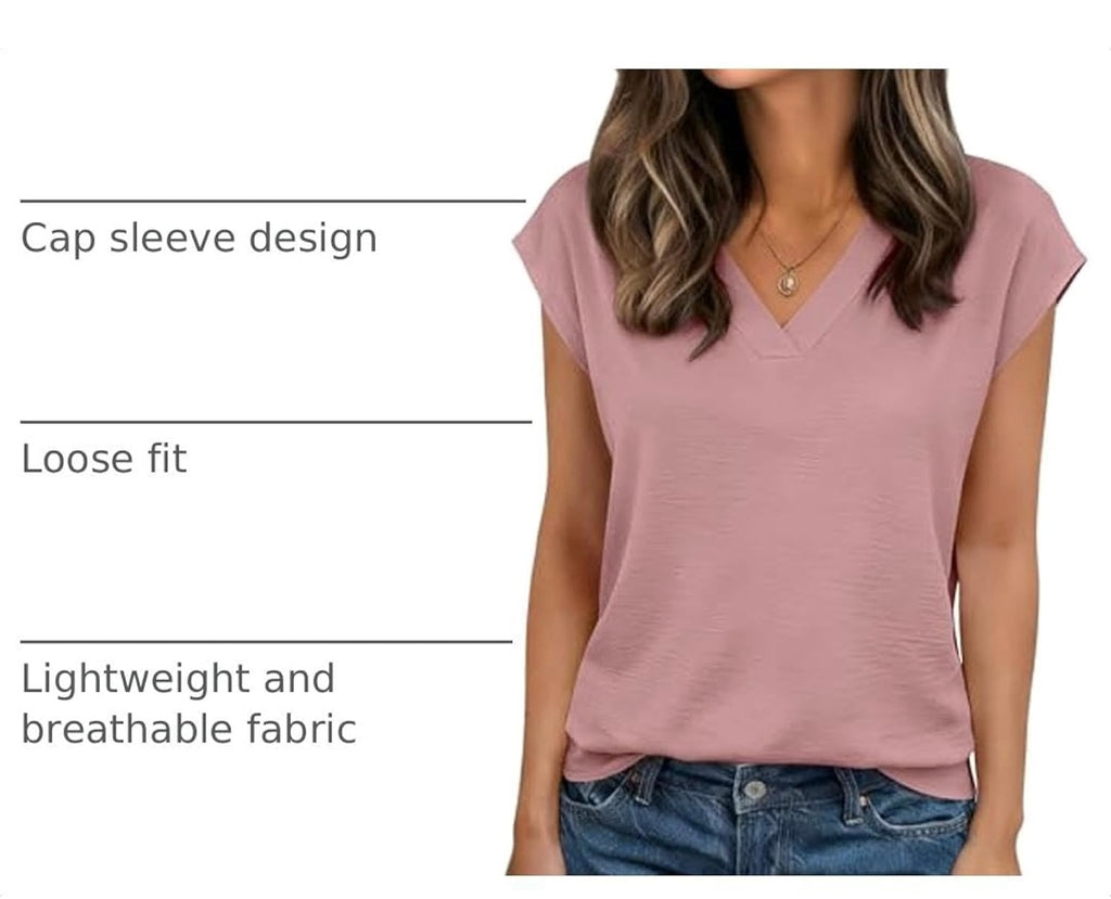 Womens Tops Cap Short Sleeve Textured Blouse V Neck Summer Shirts