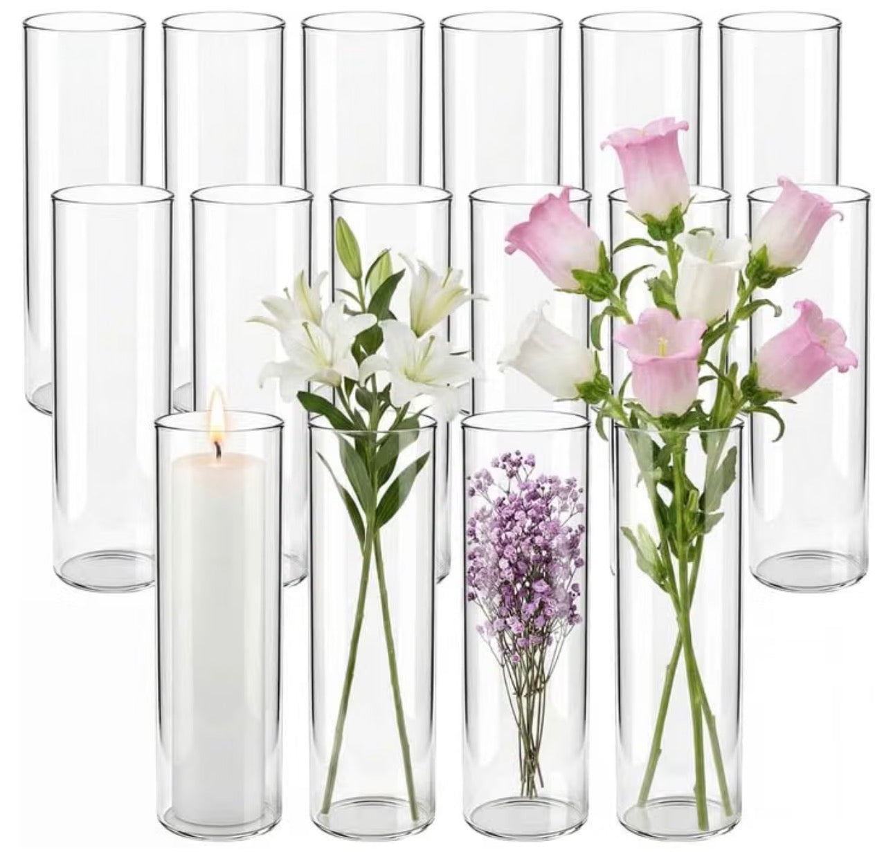 16 Pack Clear Glass Bud Vases, Cylinder Flower Vases, Vases for Centerpieces Table Decor, Mini Vase Set for Wedding Party, Floating Candle Holder, 7.7 in Tall