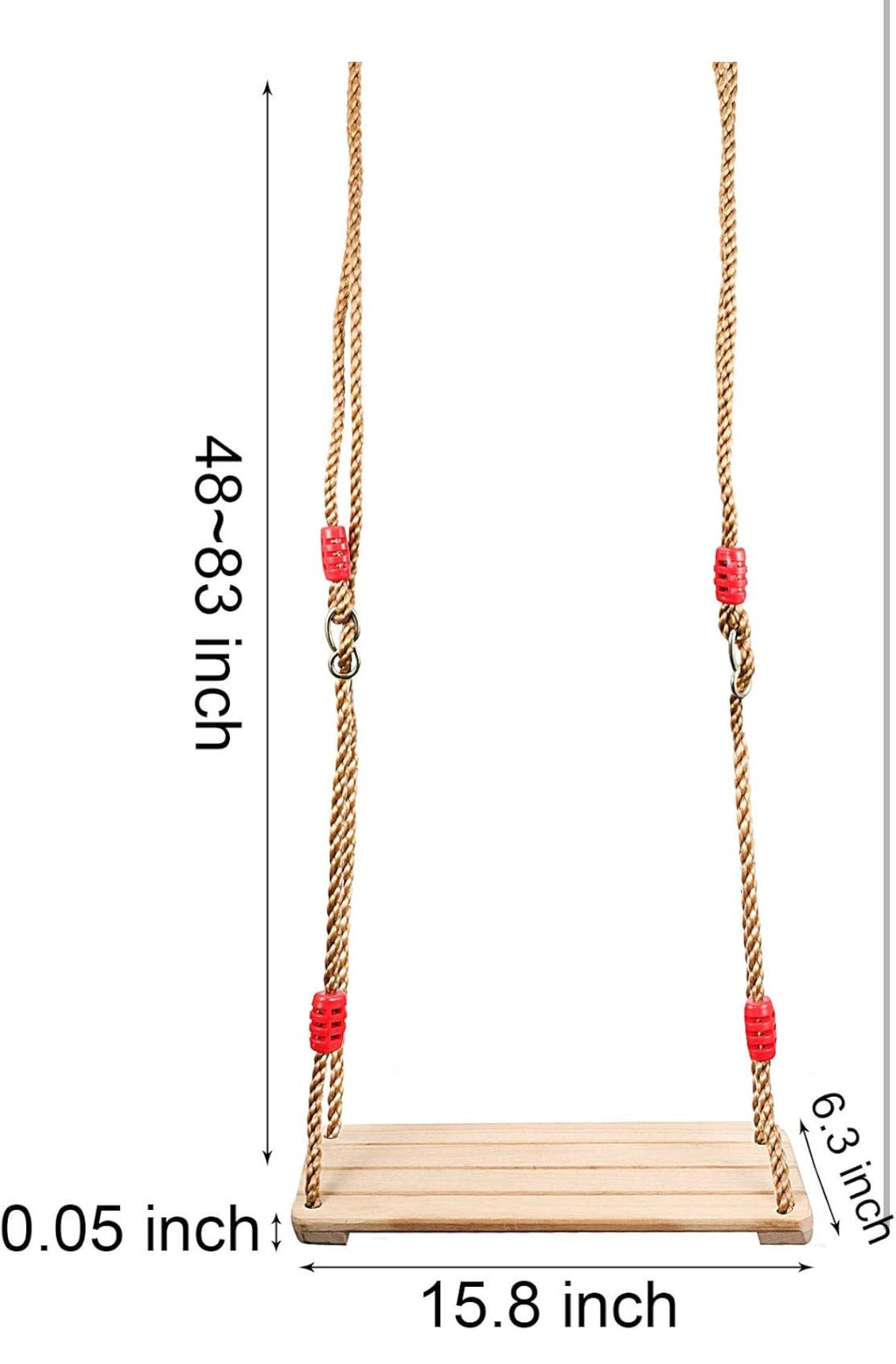 15.8 x 6.3 Inch Wooden Swing Seat, Hanging Wood Swings, Wooden Tree Swing with Adjustable 48 to 83 Inches Rope, 220 LB Capacity Sturdy Swings for Yard, Garden, Red Knot