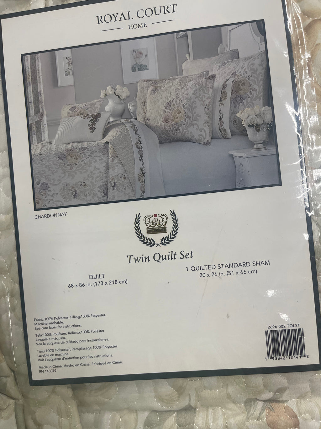 Royal Court Home Twin Quilt. Quilt- 68x68in. And 1 Quilted Standard Sham. 20x26in.