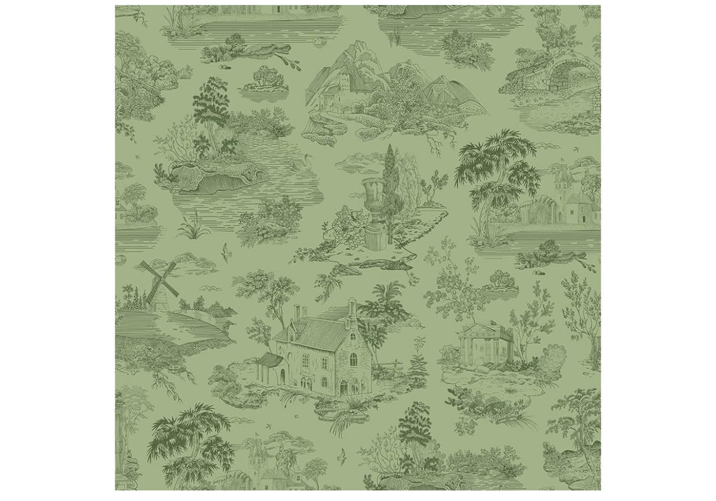 VEELIKE Green French Country Toile Wallpaper Peel and Stick Vintage Serene Scenes Wallpaper for Bedroom Bathroom 17.7''x354'' Prepasted Removable Chinoiserie Wall Paper Green Contact Paper for Walls