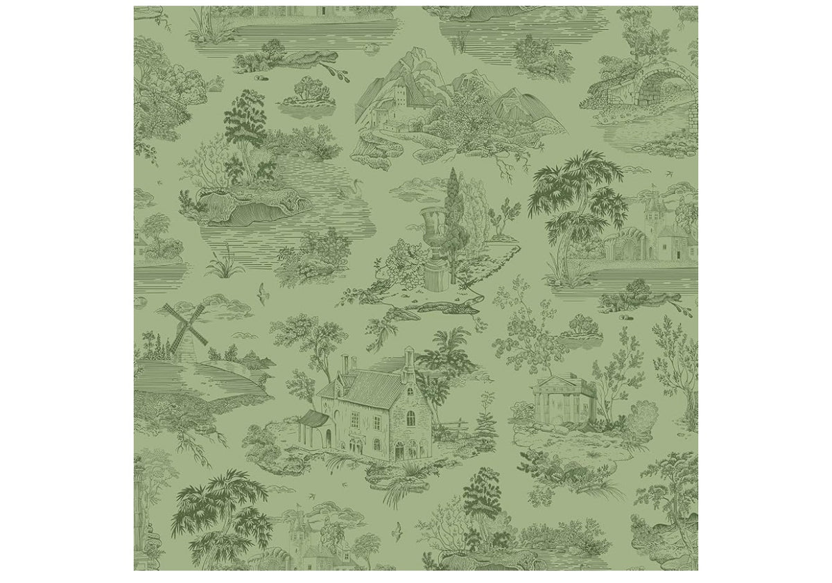 VEELIKE Green French Country Toile Wallpaper Peel and Stick Vintage Serene Scenes Wallpaper for Bedroom Bathroom 17.7''x354'' Prepasted Removable Chinoiserie Wall Paper Green Contact Paper for Walls