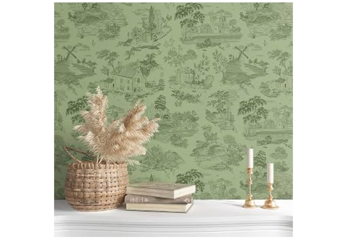 VEELIKE Green French Country Toile Wallpaper Peel and Stick Vintage Serene Scenes Wallpaper for Bedroom Bathroom 17.7''x354'' Prepasted Removable Chinoiserie Wall Paper Green Contact Paper for Walls