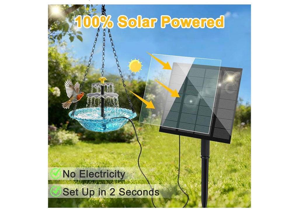 Yeomi Solar Fountain for Bird Bath, Solar Cascade Hanging Bird Bath Fountain, Large Hummingbird Bath with Solar Pump & Clear Blue Bowl, Outdoor Garden Decor