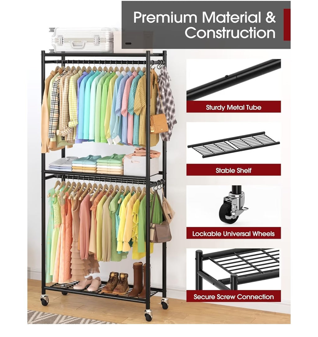 Sakugi Clothes Rack - 33.0" x 12.2" x 79.5" Clothing Rack with Shelves & Wheels, Multi-Functional Wardrobe Closet with Hooks, Sturdy Metal Garment Rack for Bedroom, Laundry, Balcony (Black), New