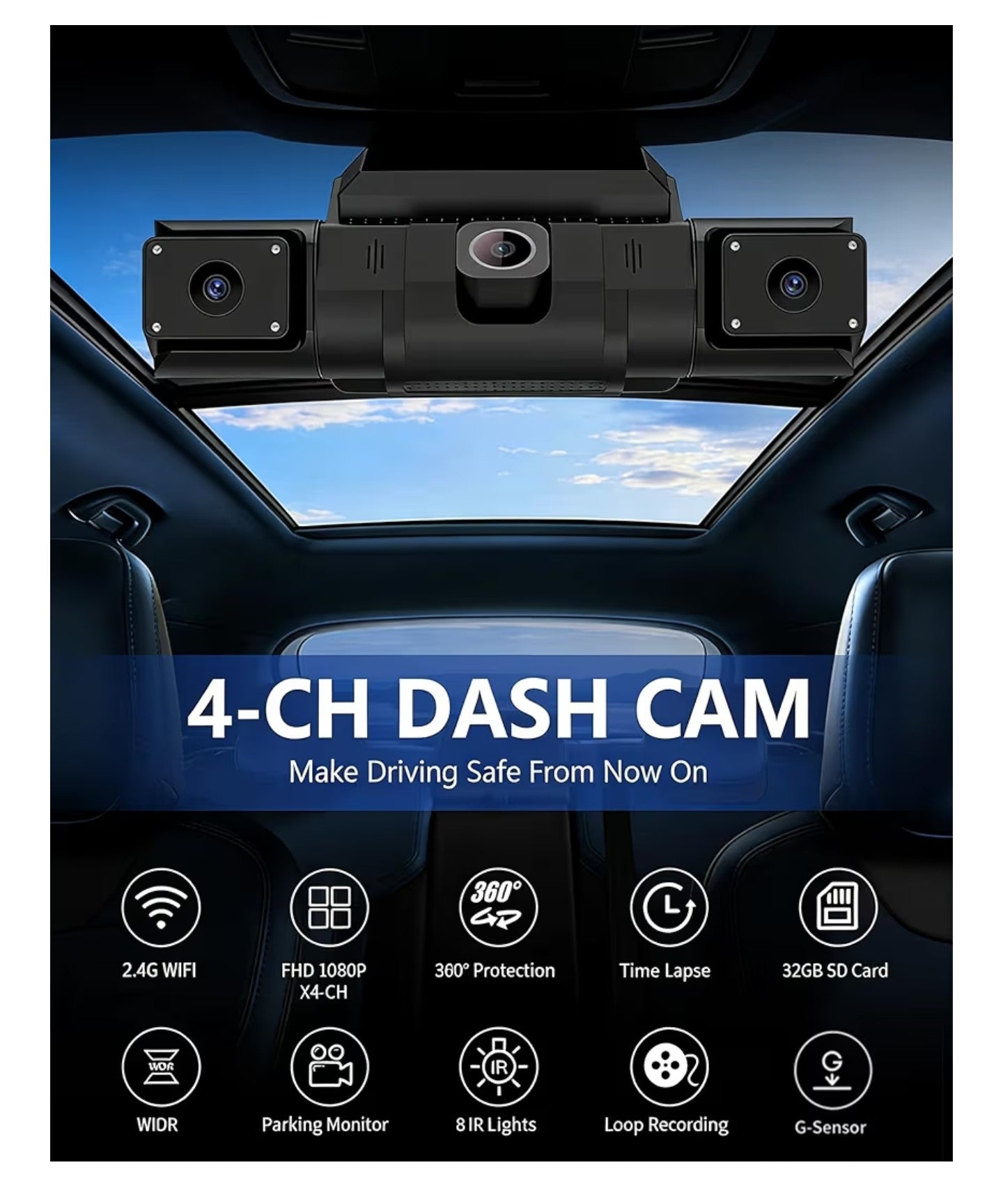 4 Channel 360 Dash Cam Front and Rear Inside & Left Right for Cars, 1080P