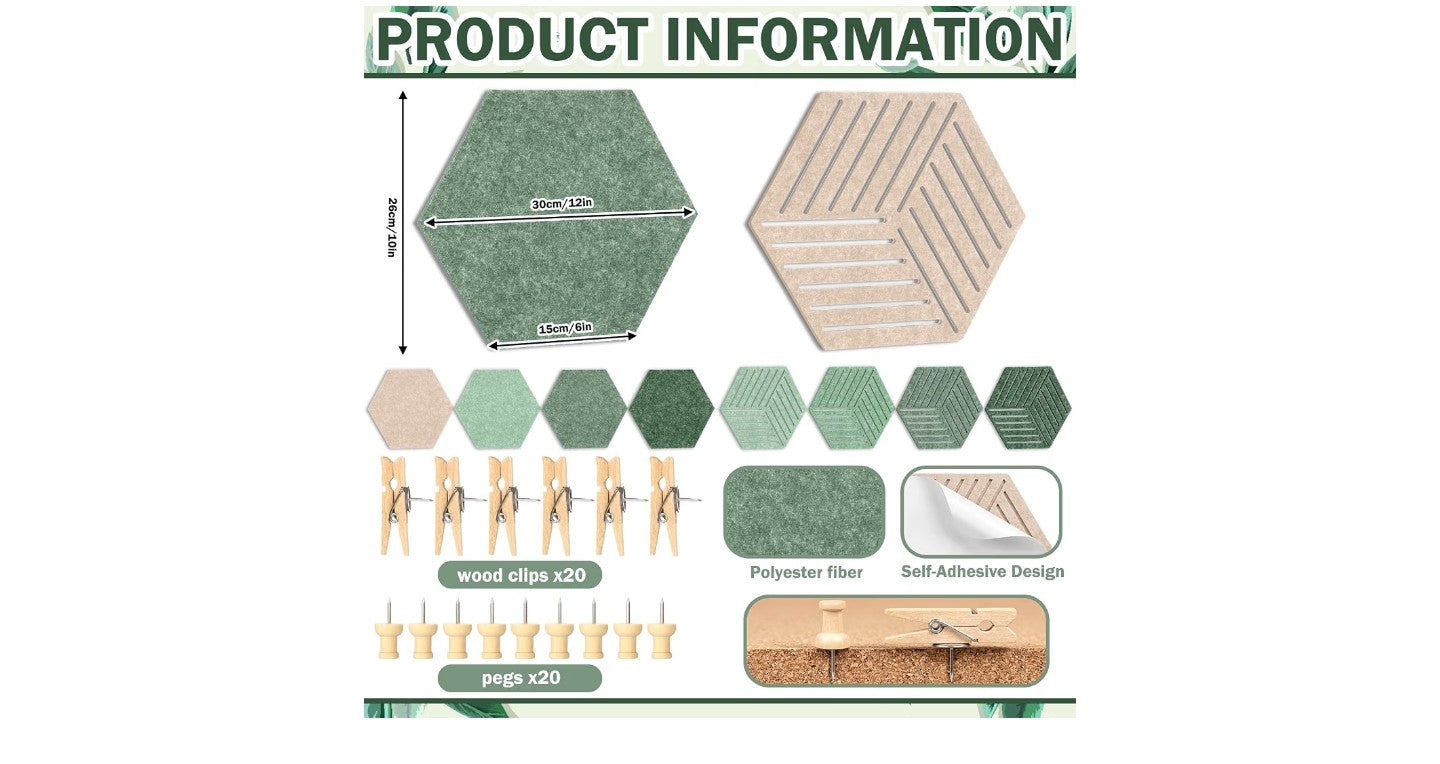 Zhehao Sage Green 15 Pack 12'' Large Hexagon Cork Bulletin Board Tiles.