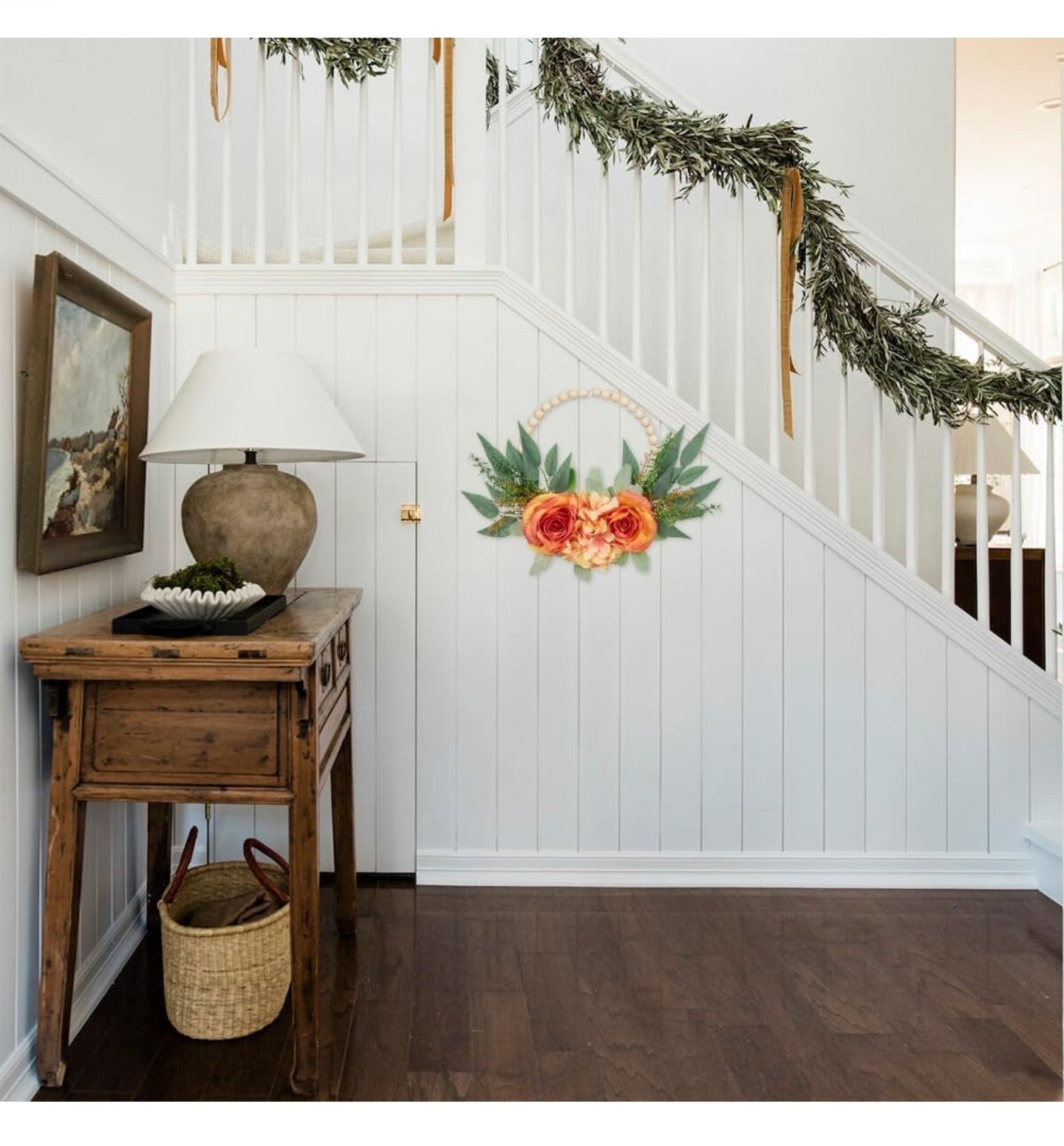 Spring Wreaths for Front Door 10" Artificial Floral Wood Bead Wreaths Eucalyptus Leaves Rose Hydrangea Wreaths for Front Door Boho Farmhouse Wall Decor 2 Pack - Orange