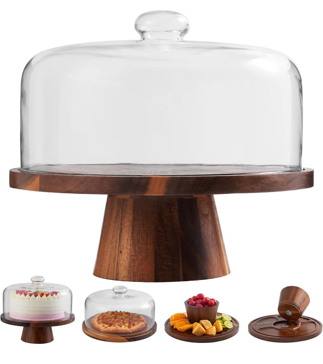 Wood Cake Stand with Glass Lid