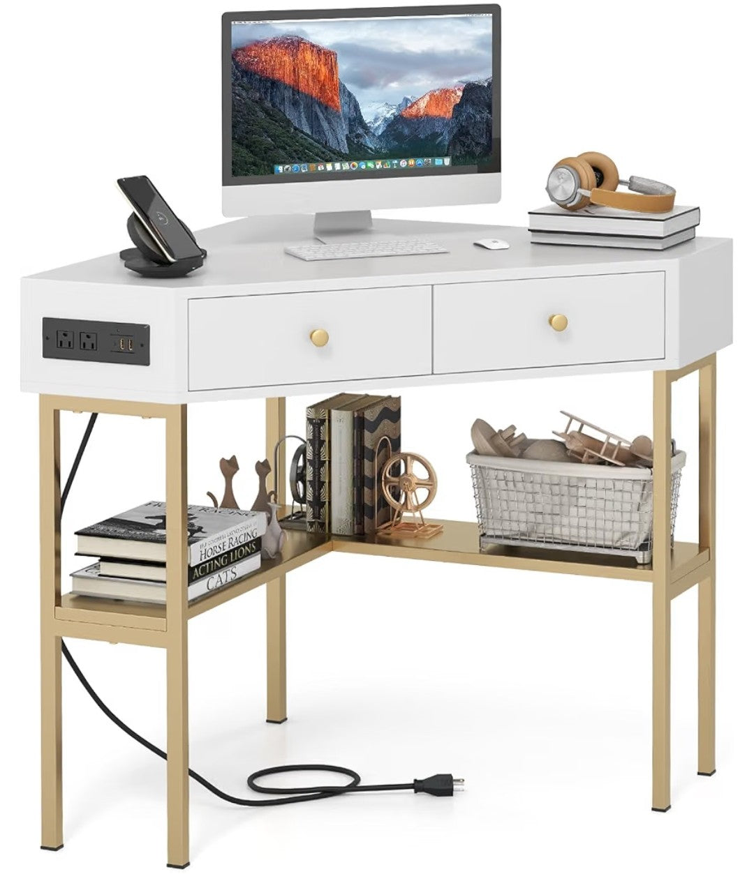 Corner Desk with 2 Drawers & Built-in Charging Station
