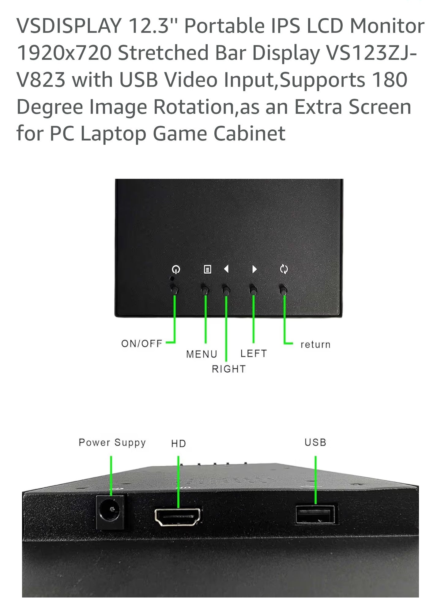 VSDISPLAY 12.3'' Portable IPS LCD Monitor 1920x720 Stretched Bar Display