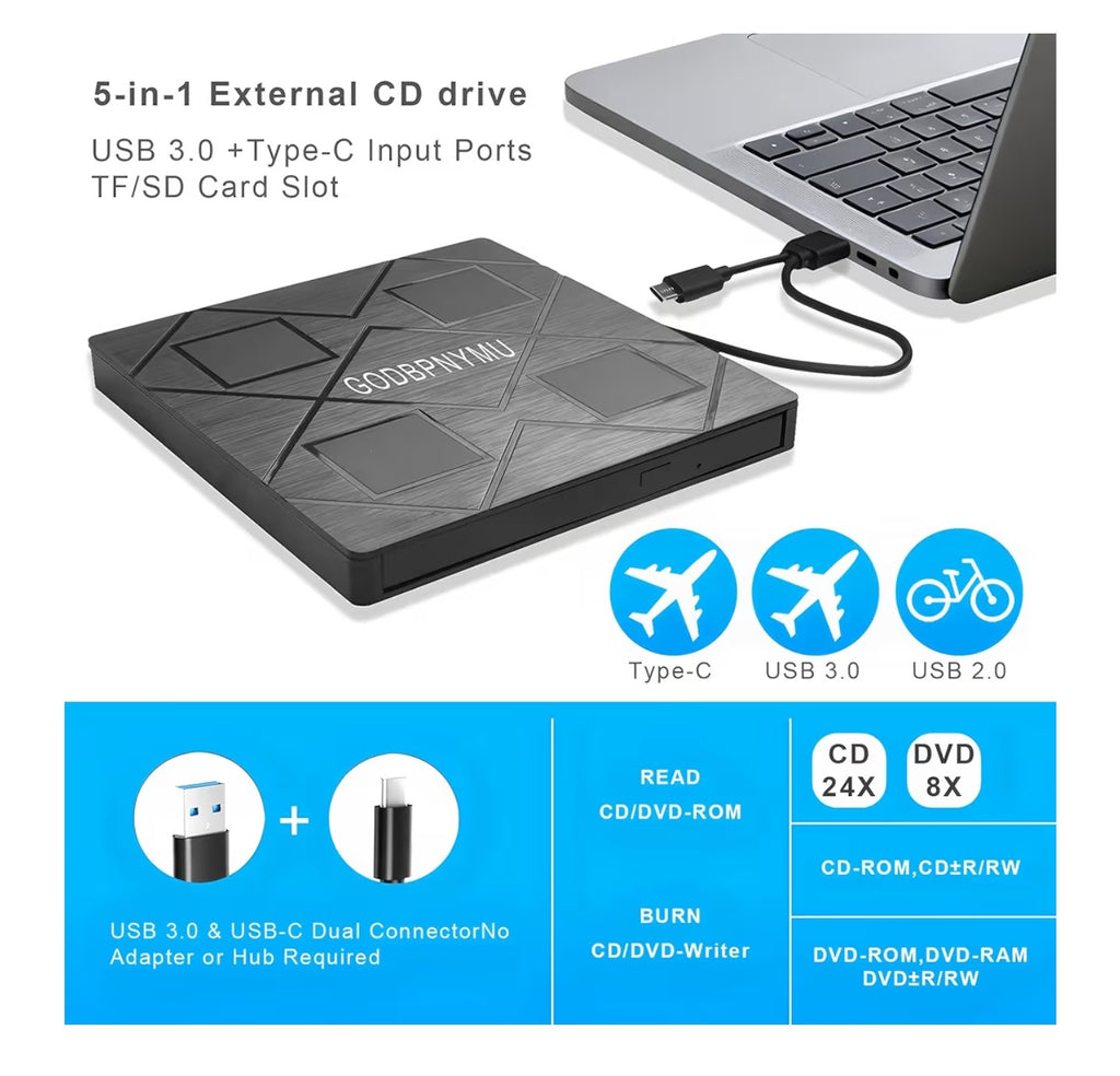 5-in-1 Extemal CD/DVD Drive for Laptop.