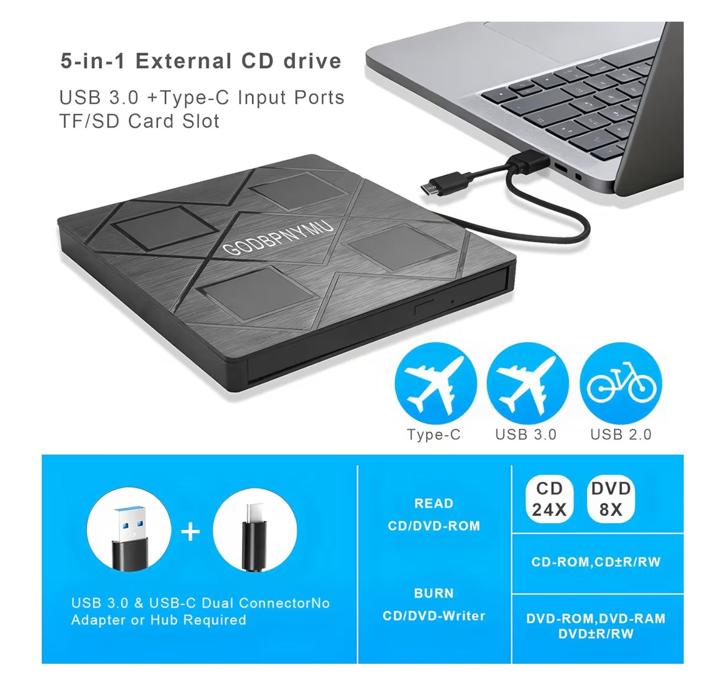 5-in-1 Extemal CD/DVD Drive for Laptop.