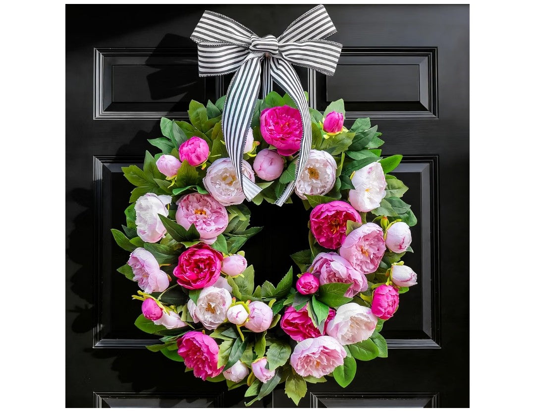 Artificial Pink and White Peony Flowered Wreath (24 inch)