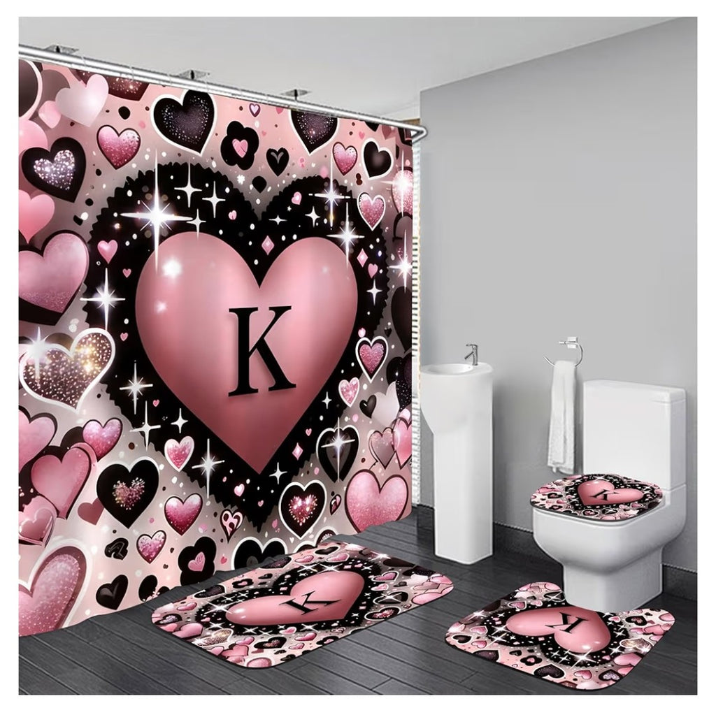 4 Piece Bathroom Rug and Curtain Set Heart with a K
