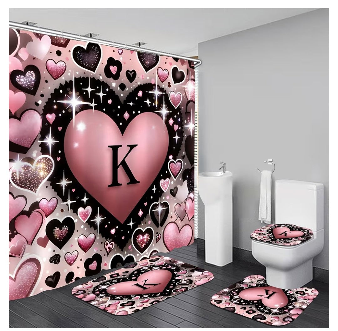 4 Piece Bathroom Rug and Curtain Set Heart with a K