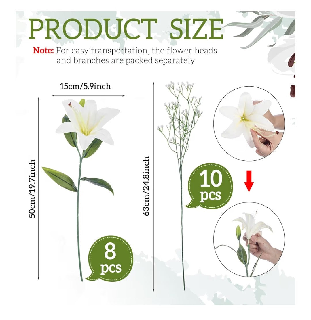 Artificial White Lilies with Baby's Breath 18 pcs