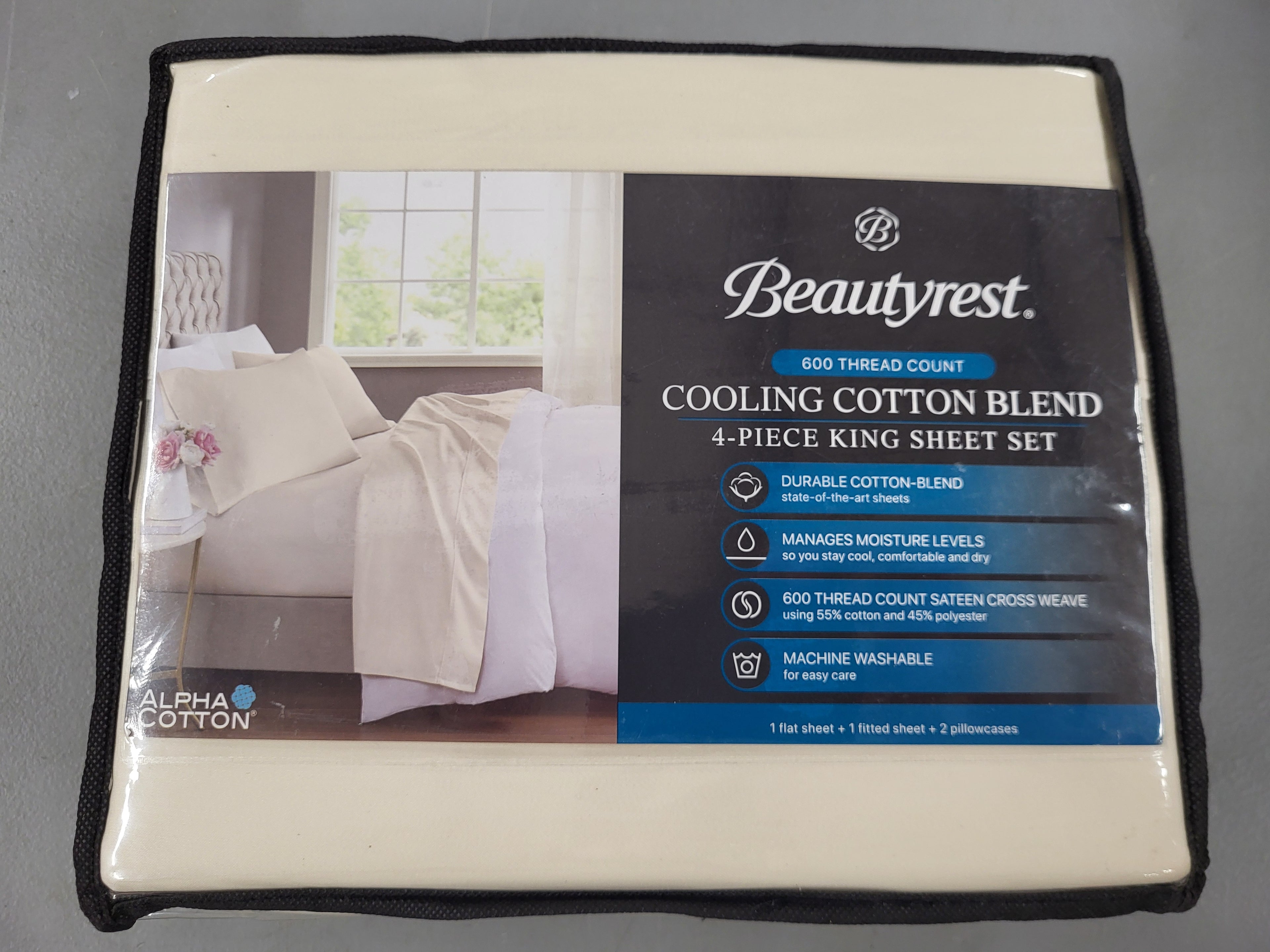 Beautyrest 4 piece sheet set, 600 thread count, cooling cotton blend, 1 flat sheet, 1 fitted sheet, 2 pillowcases, Ivory, King
