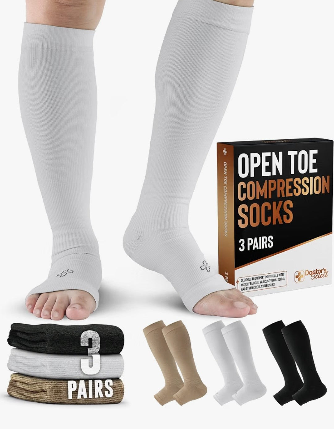Copper Toeless Compression Socks, 3 pack (L/XL)