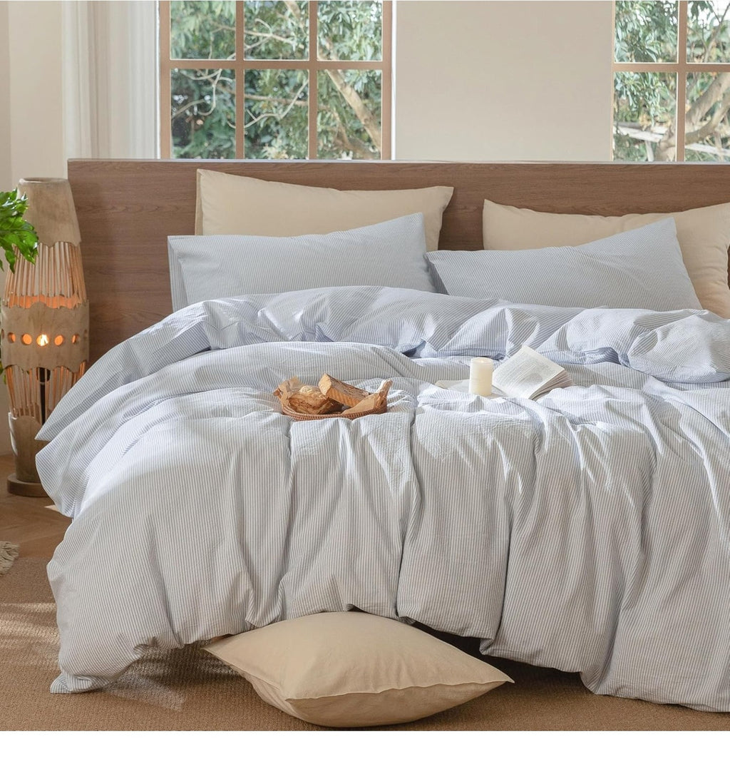 MooMee Striped Duvet Cover Set 100% Washed Cotton Linen Like