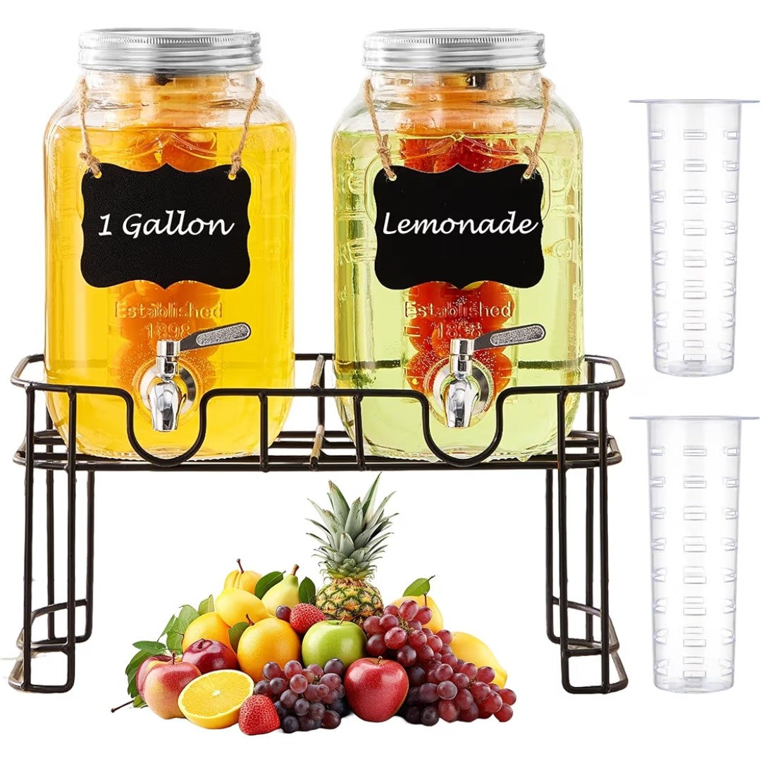 1 Gallon Glass Beverage Dispenser with Stand (2 pack)