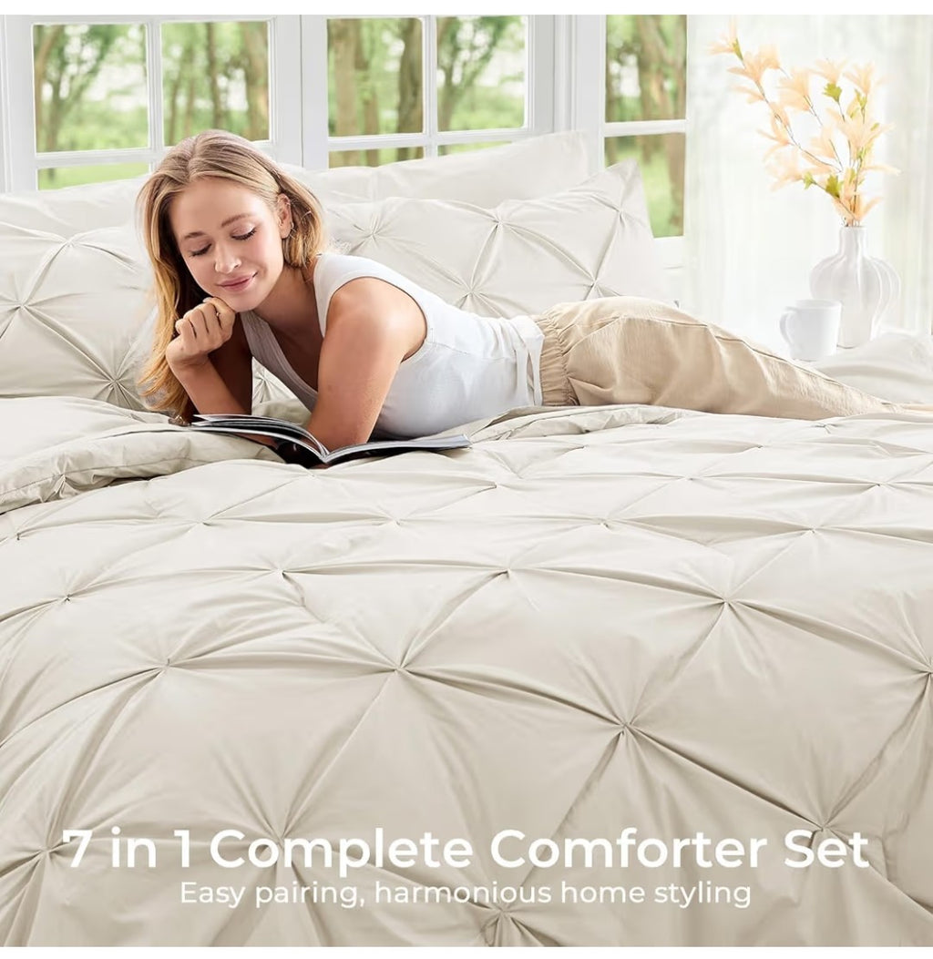 Sasttie 7 Piece California King Pintuck Comforter Set