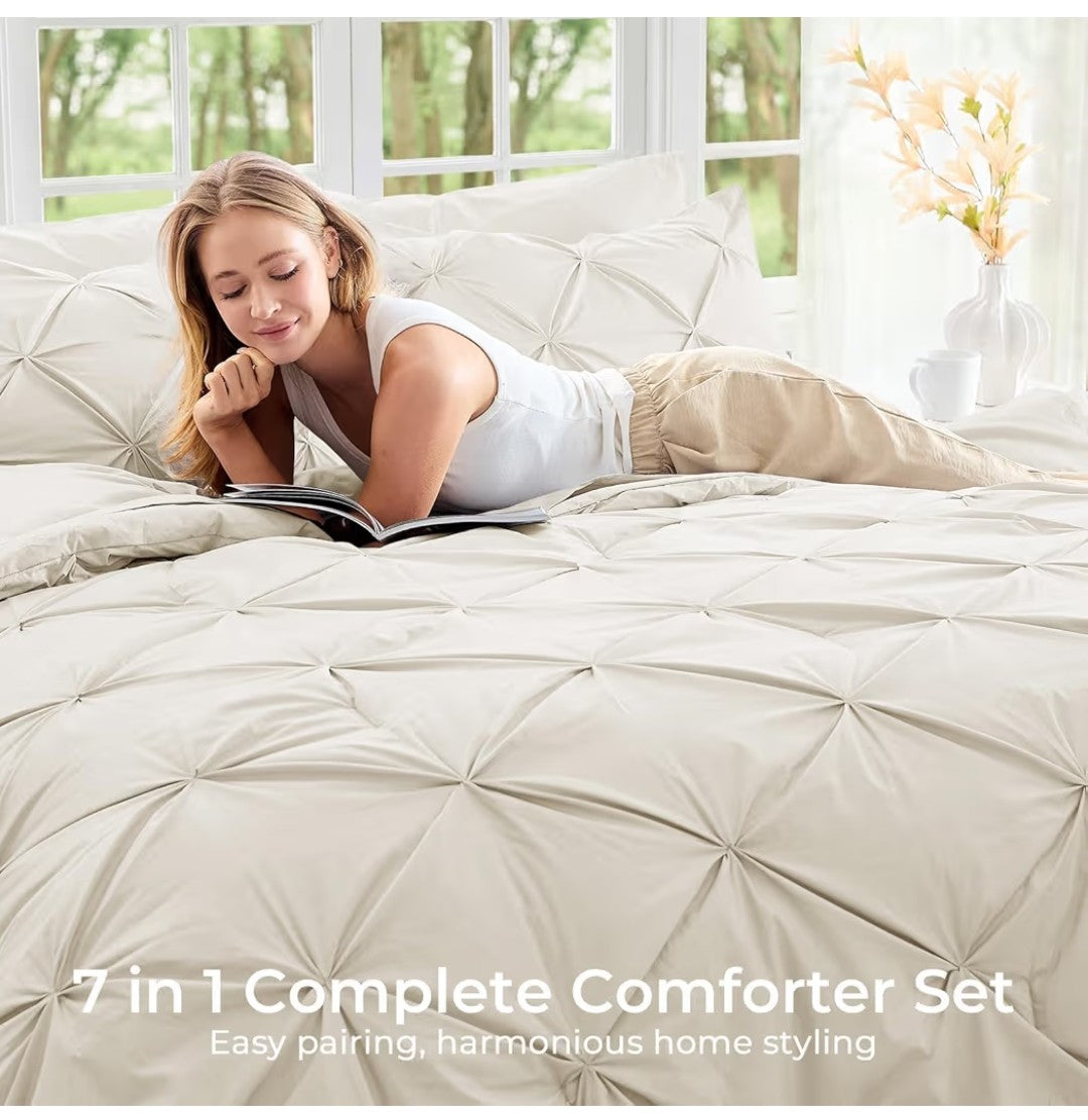 Sasttie 7 Piece California King Pintuck Comforter Set